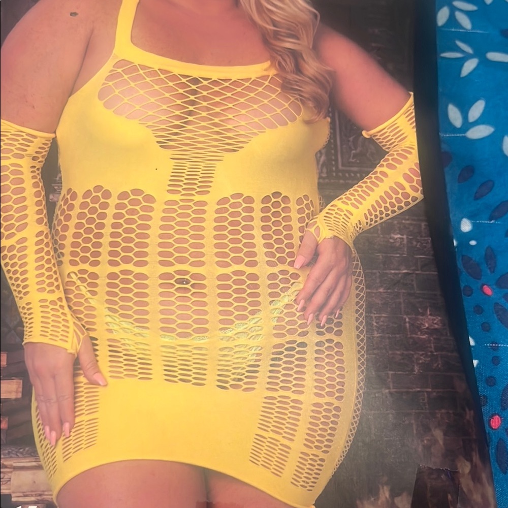 Yellow Fishnet Bodysuit with Sleeves - Picture 2 of 2